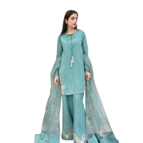 Pure Natural Crepe Party Wear Top-Palazzo Set with Dupatta