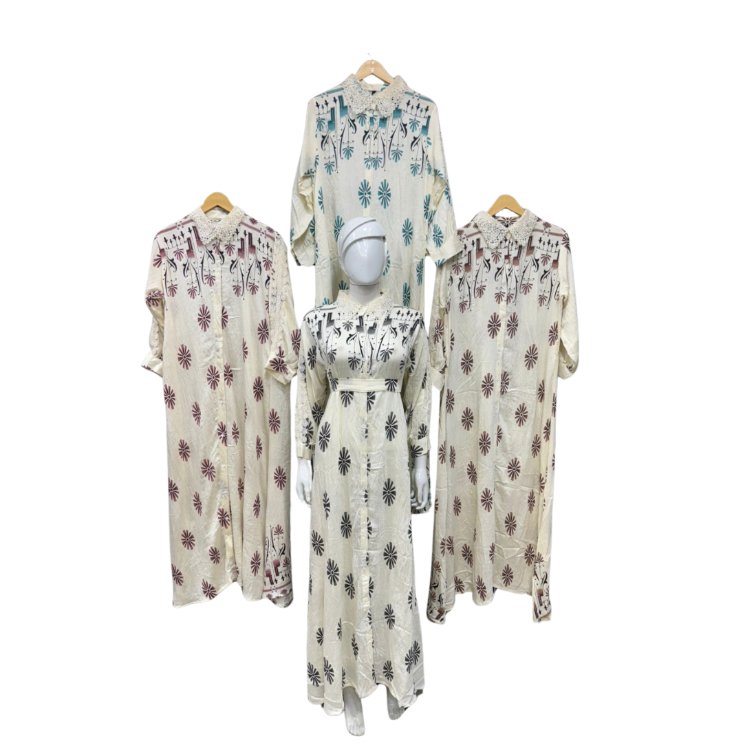 Floral Elegance Printed Kaftan Dress with Lace Collar