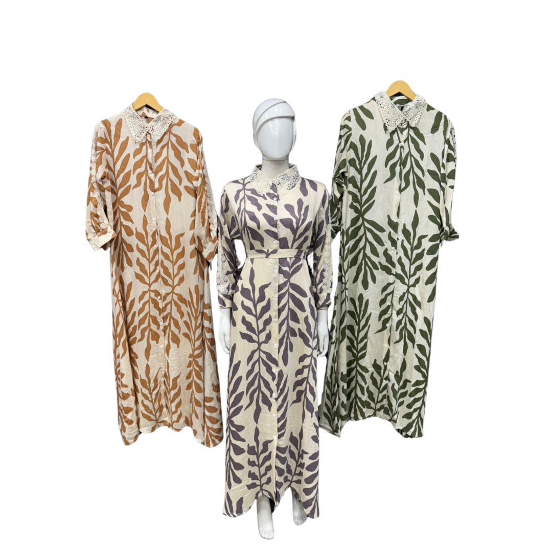 Botanical Print Maxi Kaftan with Lace Collar