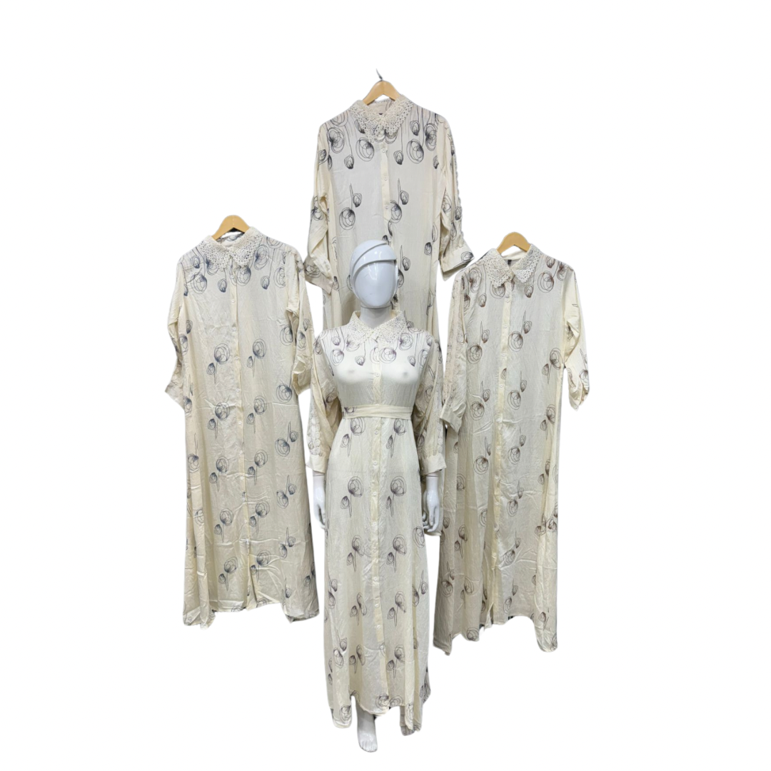Vintage Rose Print Maxi Kaftan with Crochet Collar