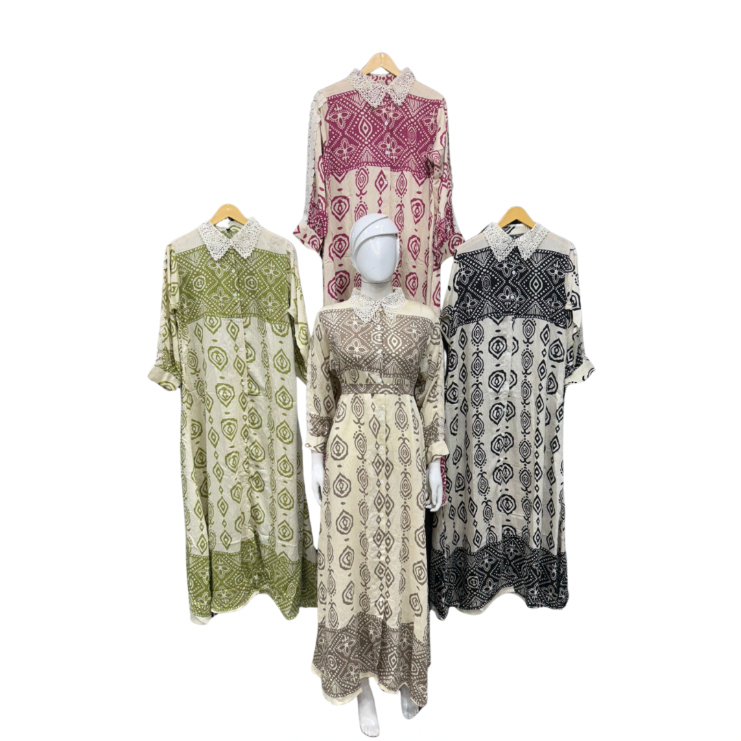 Boho Ethnic Print Kaftan Dress with Crochet Collar