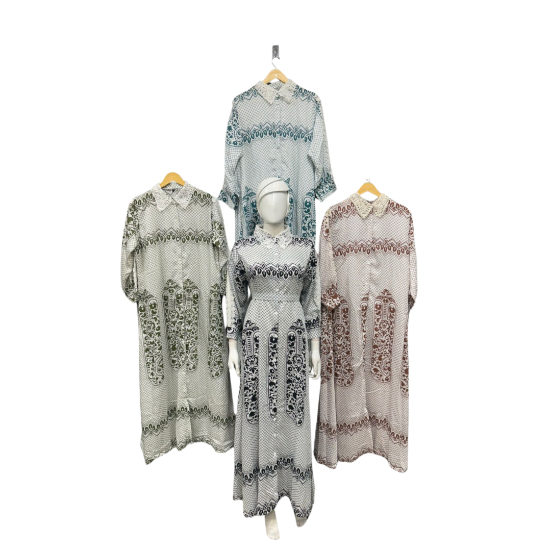 Geometric Floral Embroidered Kaftan Dress with Lace Collar