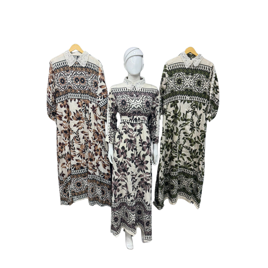 Vintage-Inspired Floral Print Kaftan Dress with Lace Detail
