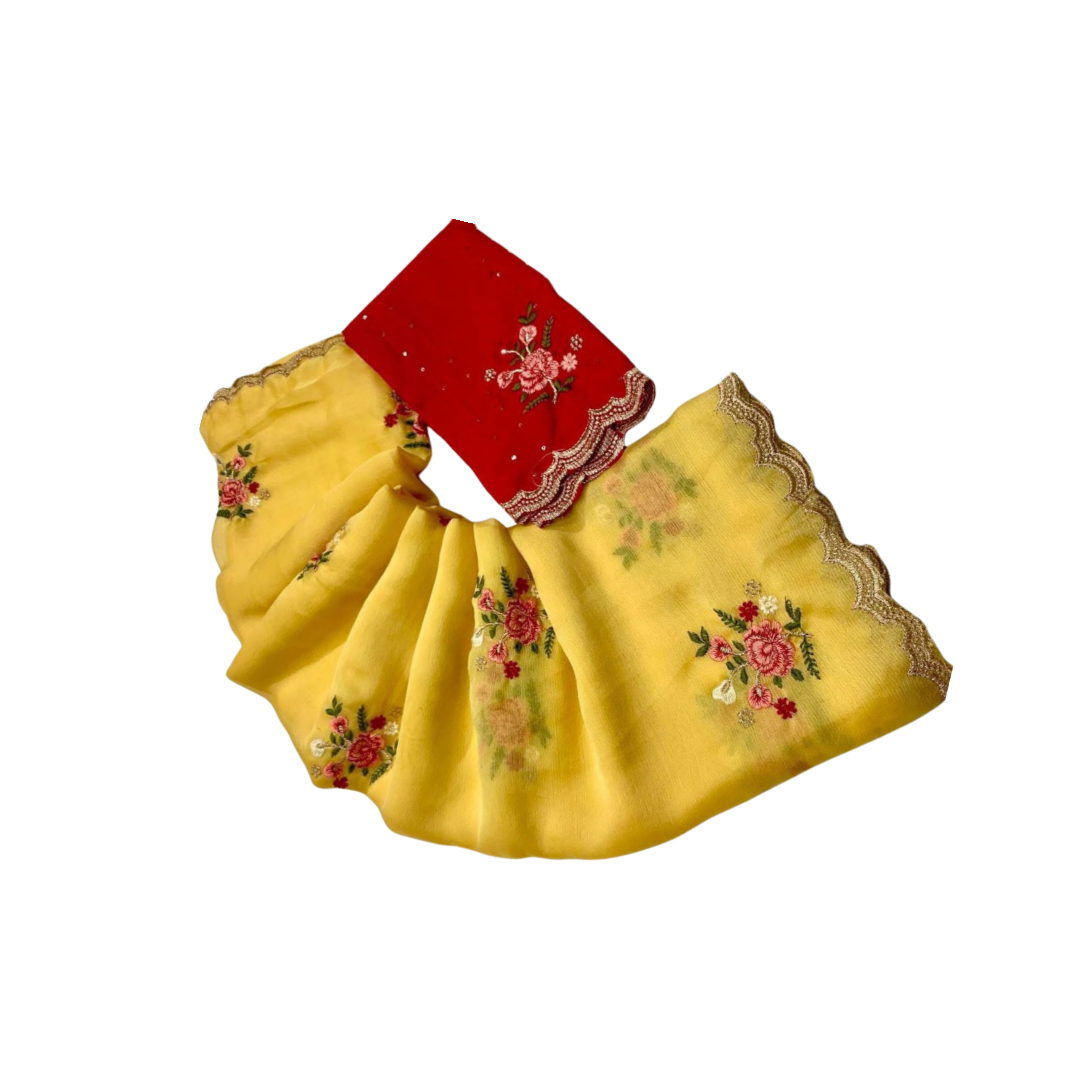 Embroidered Silk Saree – Moss Chiffon with Raw Silk Blouse