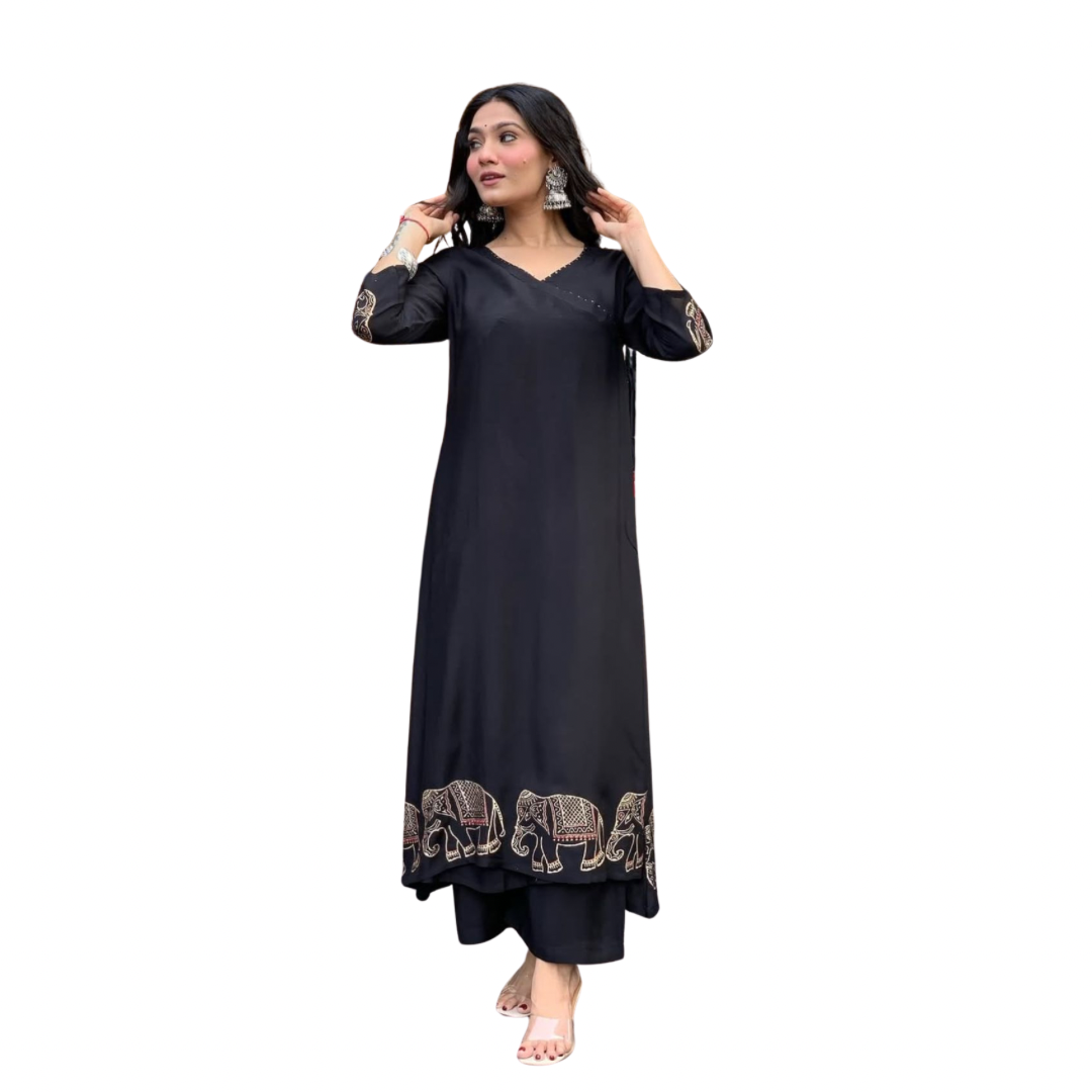 Regal Black Elegance – Embroidered Elephant Kurta Set