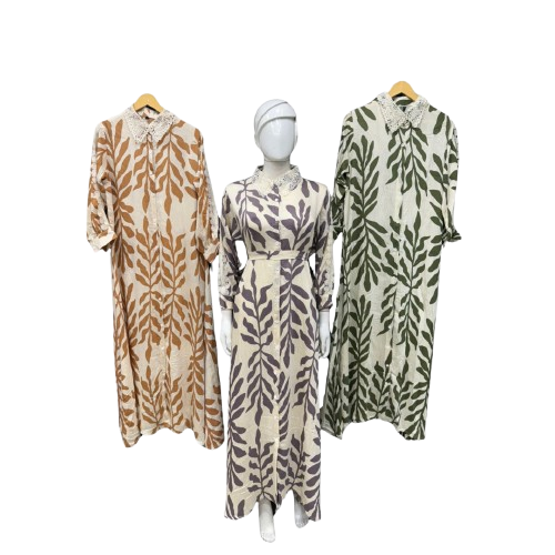 Botanical Print Maxi Kaftan with Lace Collar