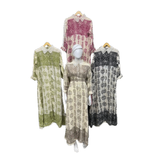 Boho Ethnic Print Kaftan Dress with Crochet Collar