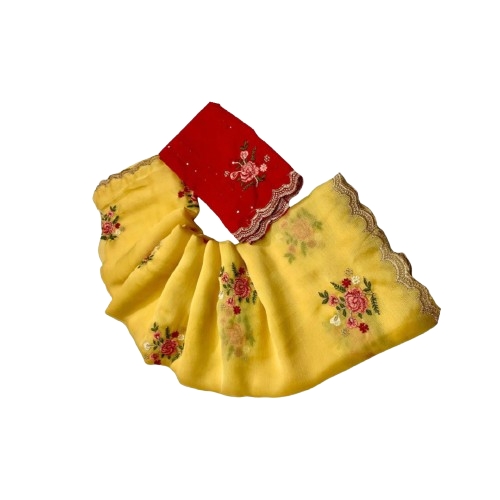 Embroidered Silk Saree – Moss Chiffon with Raw Silk Blouse
