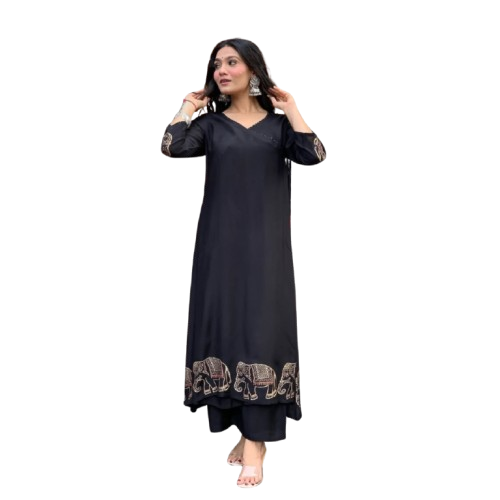 Regal Black Elegance – Embroidered Elephant Kurta Set